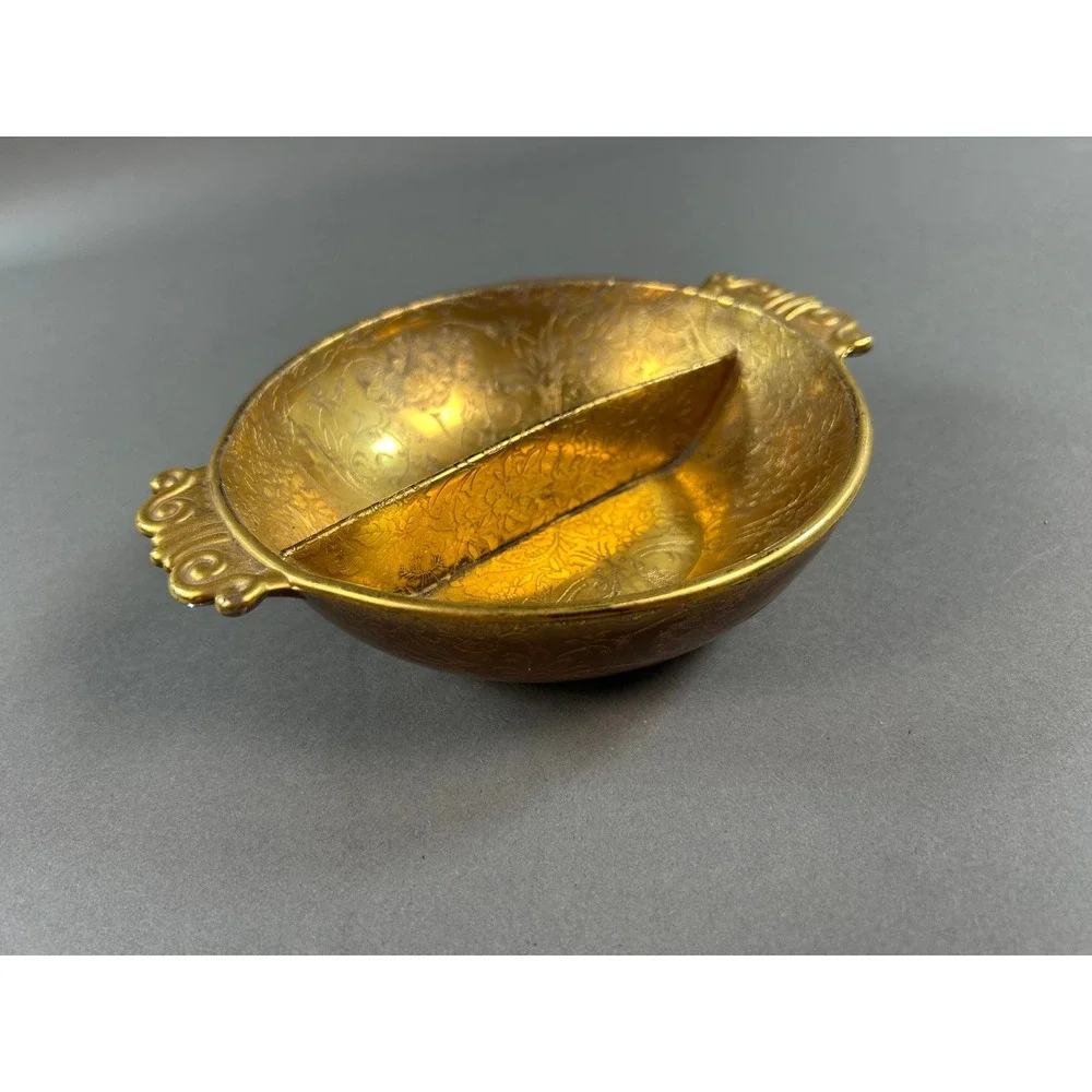 Vintage Amber Carnival Glass Divided Candy Dish Gold Iridescent Floral Etched